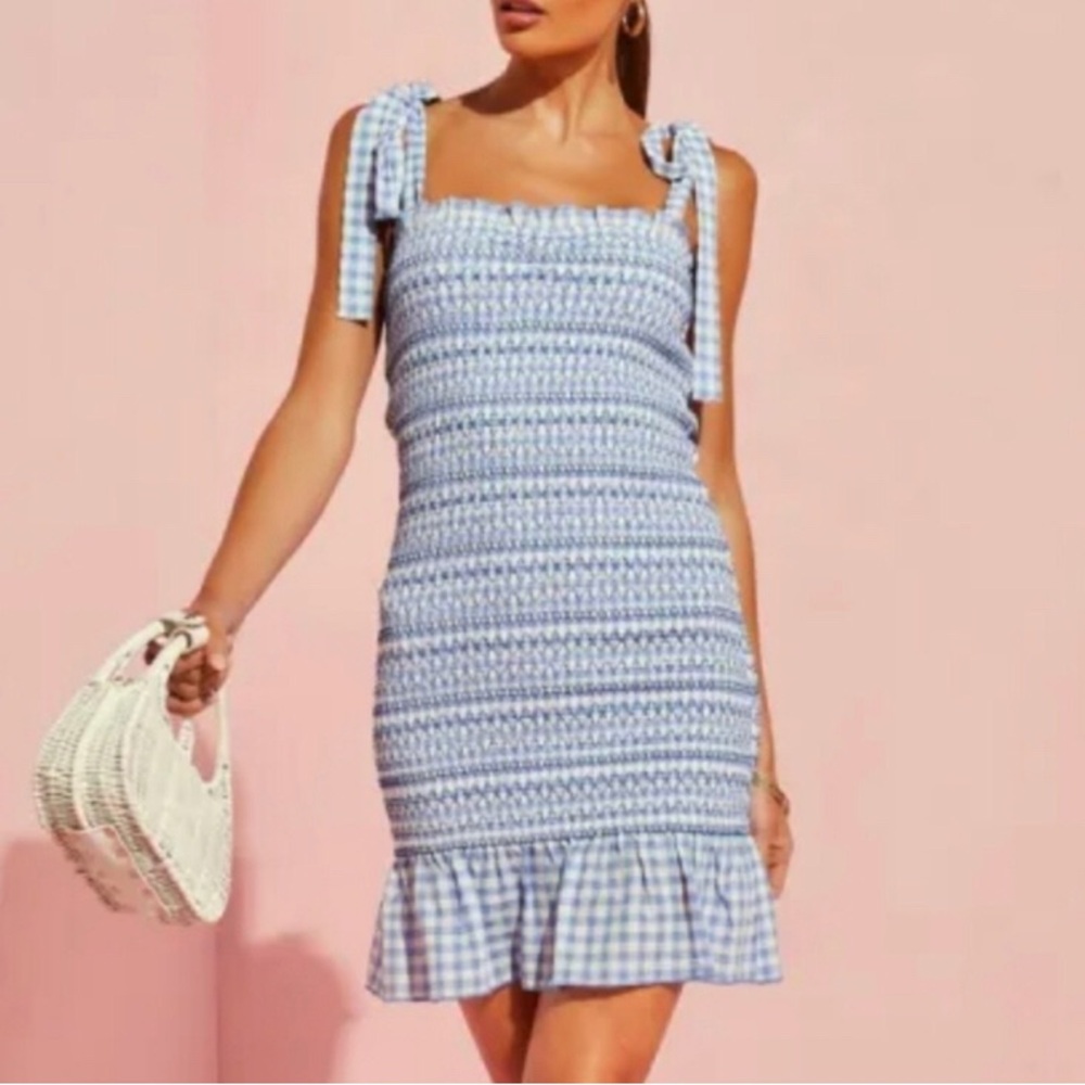 Vici Cristianne Smocked Gingham Ruffle Hem Mini Dress Size M